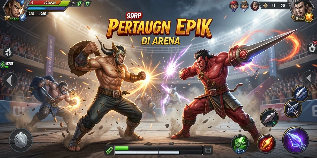 Screenshot gameplay 99RP menunjukkan pertarungan seru antara karakter.