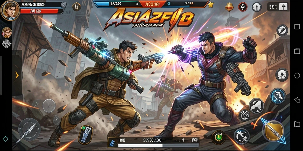 Screenshot utama ASIA200 menampilkan aksi pertarungan yang intens.