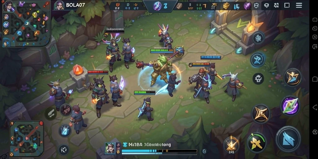 Screenshot gameplay BOLA07 menampilkan aksi pertarungan seru di arena MOBA.