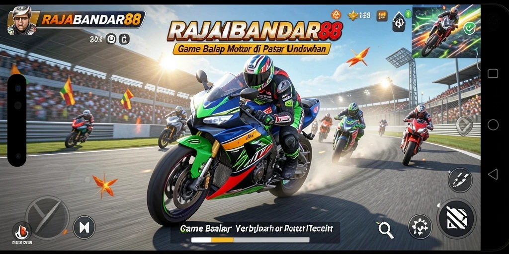 Tampilan gameplay menegangkan dari RAJABANDAR88 selama balapan motor.