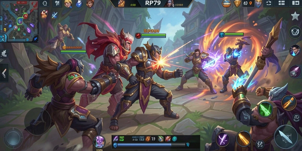 Screenshot gameplay RP79 menunjukkan aksi pertempuran seru dan karakter beragam.