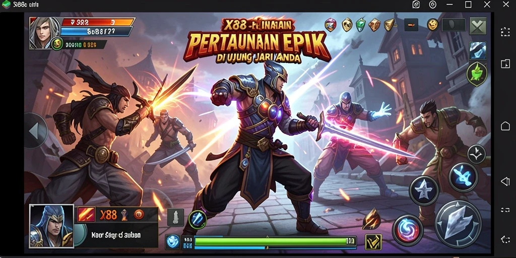 Screenshot utama X88 menampilkan pertarungan mendebarkan antara karakter dengan efek visual yang spektakuler.